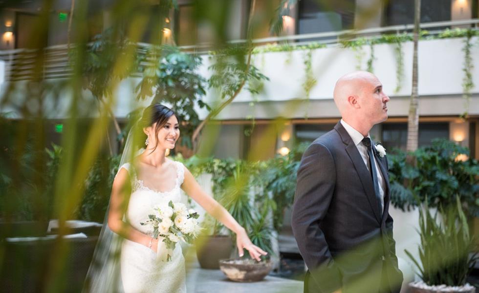 A bride and groom walking together