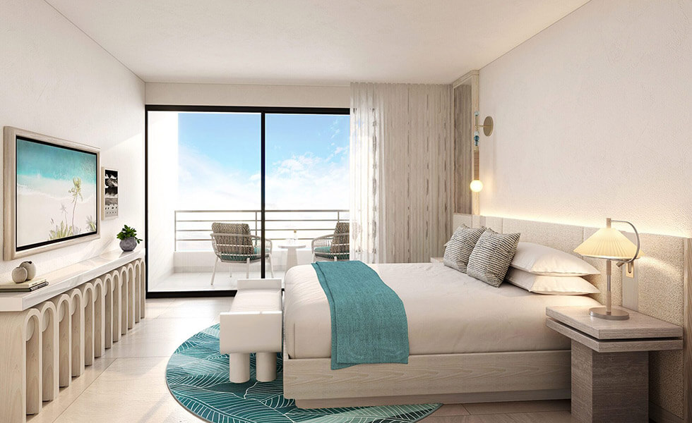 Bedroom with a king bed and a balcony