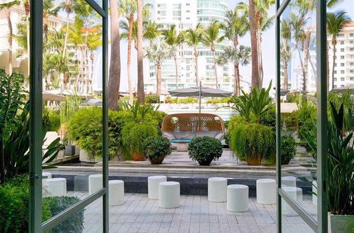 A view from the lobby looking out towards the resort